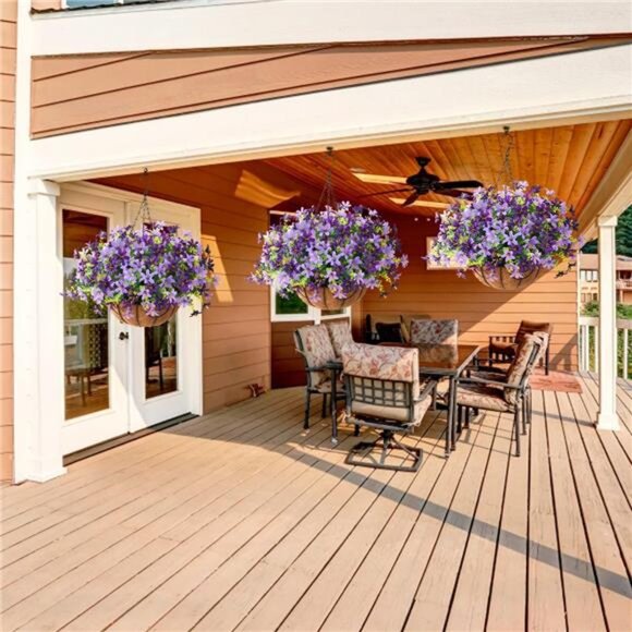 INQCMY Artificial Hanging Violet Flowers in Basket for Outdoors Summer - Picture 5 of 7